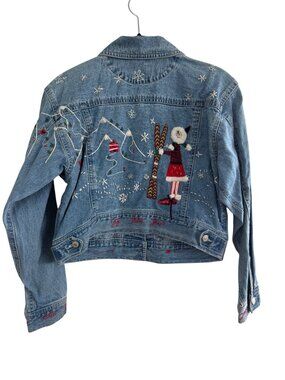 Gap Denim Jacket L/XL youth Hand-Embroidered Winter Scene Cotton Blue